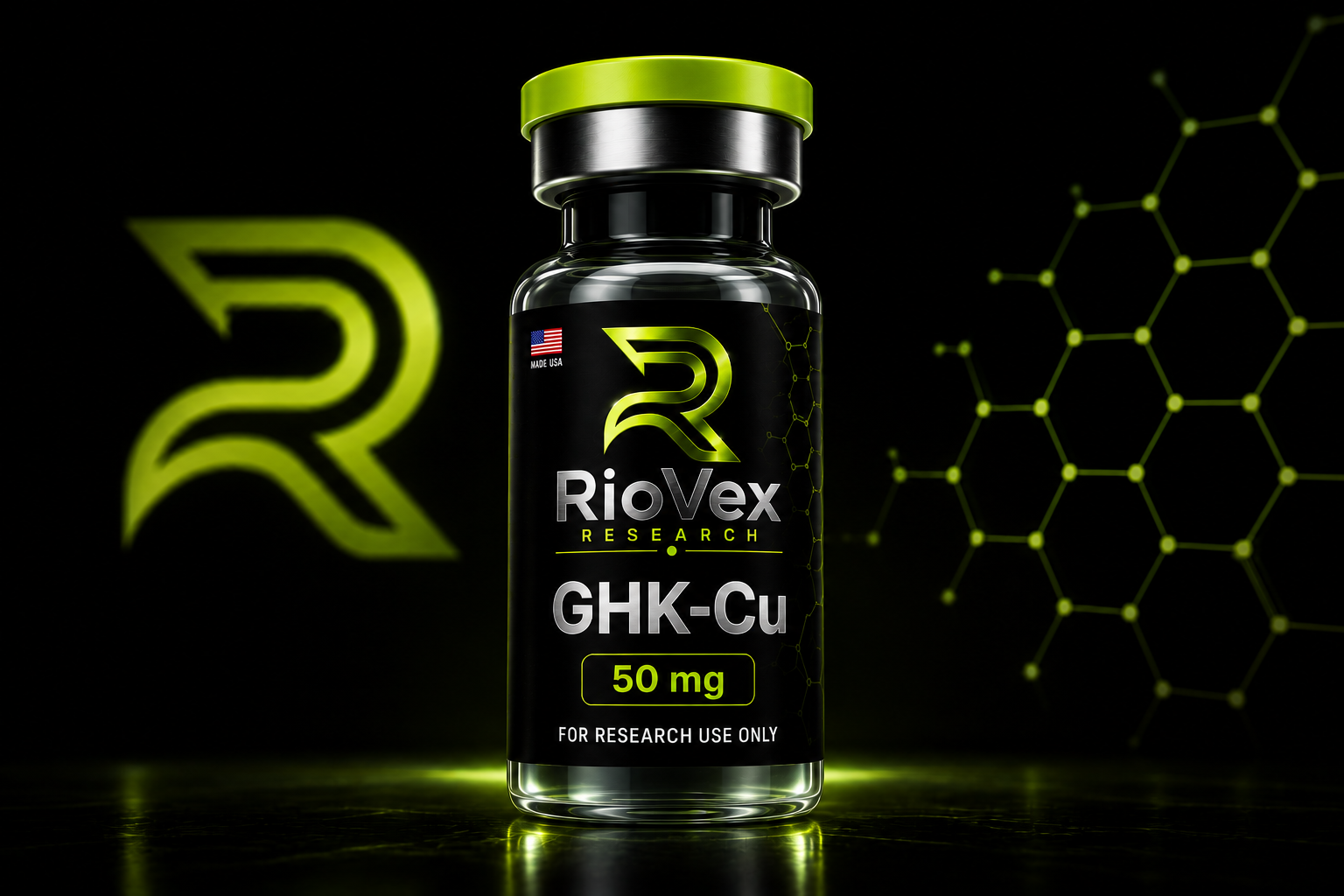 Close-up detail of RioVex vial glass, cap and branded label